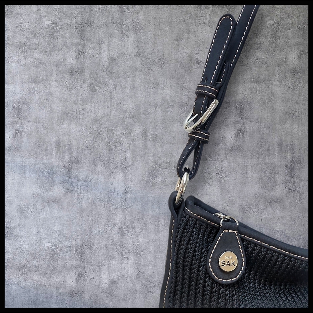 THE SAK Woven Knit Y2K Zipper Shoulder Bag Purse Black Green Blue Diamond Lining - Picture 3 of 13